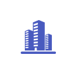 A blue icon of two buildings with one building in the middle.